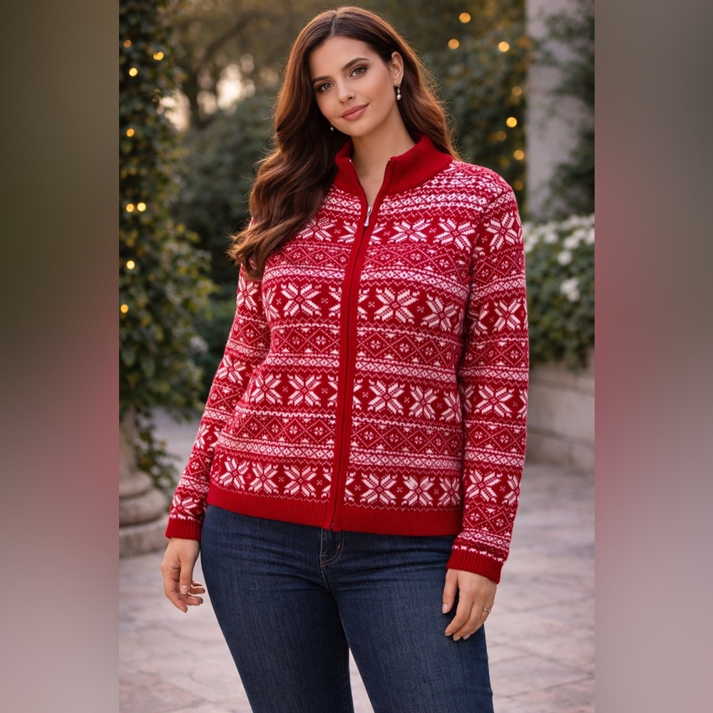 Vintage Pride Landing Red Snowflake Fair Isle‎ Wool Collar Sweater Small Nordic
